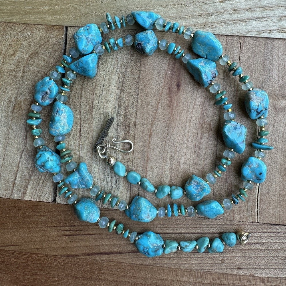 Santa Fe Sisters Beaded Necklace 21 Inch Turquoise Aquamarine 925 Sterling 22.4g